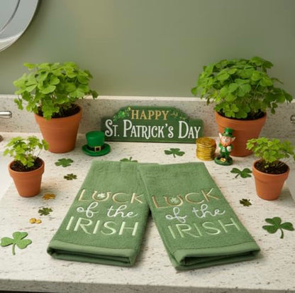 Serafina Home St. Patrick's Day Kitchen Hand Fingertip Towels, 100% Cotton Embroidered Shamrock Design, Green Towels with Luck of The Irish Design, Set of 2, 12" x 18" - color: Irish Luck