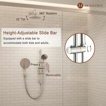 MONDAWE 8 Inch Wall Mounted Shower Faucet Set in Brushed Nickel, Rainfall Shower Head with 3-Setting Handheld Spray Shower Set Combo, High Pressure Shower System with Solid Brass Valve - color: Brushed Nickel, style: 8 IN - Without Tub Spout