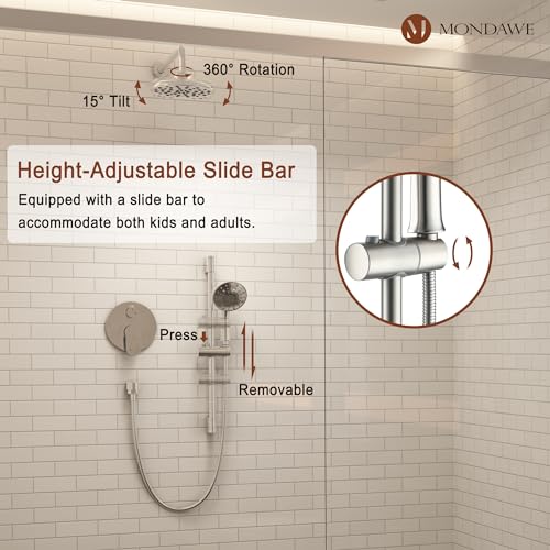 MONDAWE 8 Inch Wall Mounted Shower Faucet Set in Brushed Nickel, Rainfall Shower Head with 3-Setting Handheld Spray Shower Set Combo, High Pressure Shower System with Solid Brass Valve - color: Brushed Nickel, style: 8 IN - Without Tub Spout