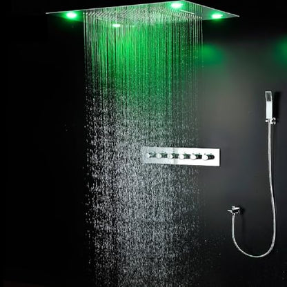 Cascada LED Modern Shower System with Handheld Shower & Spout | 5 Functions | Ceiling Mount | 23"x31" | 6-Knob Thermostatic Valve (Polished Stainless Steel) - color: Polished Stainless Steel