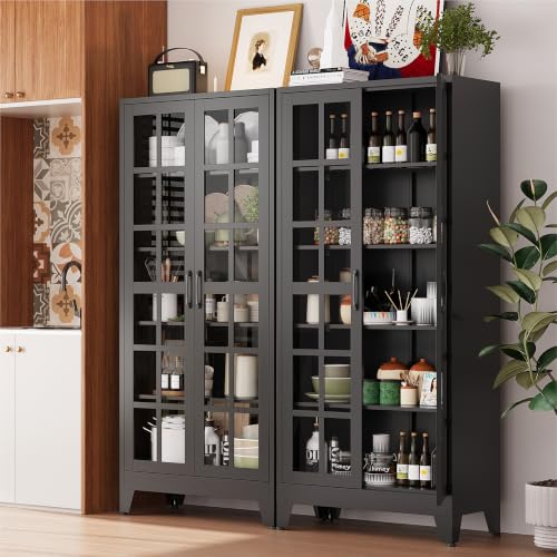 COFaR 71" Black Metal Pantry Cabinet with Glass Doors for Living Room | 5-tier pantry and display cabinet with glass doors and 4 adjustable shelves for kitchen, dining room, living room or office. - color: Black, size: 71"H 5 Tiers & Square Glass doors