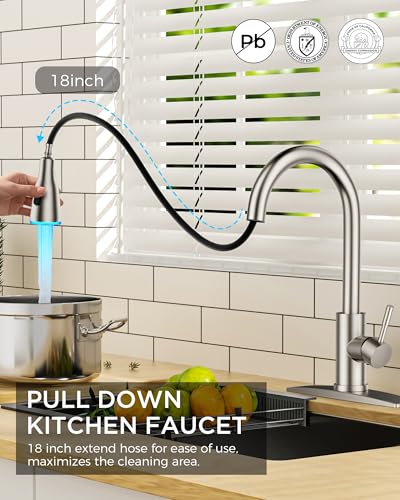 FORIOUS Kitchen Faucet with LED Light Sprayer, Single Hole, Brushed Nickel | Stainless Steel LED Sink Faucet with Pull Down Sprayer, High Arc Single Handle, Suitable for Farmhouse Laundry Camper Rv Bar - color: Stainless Steel