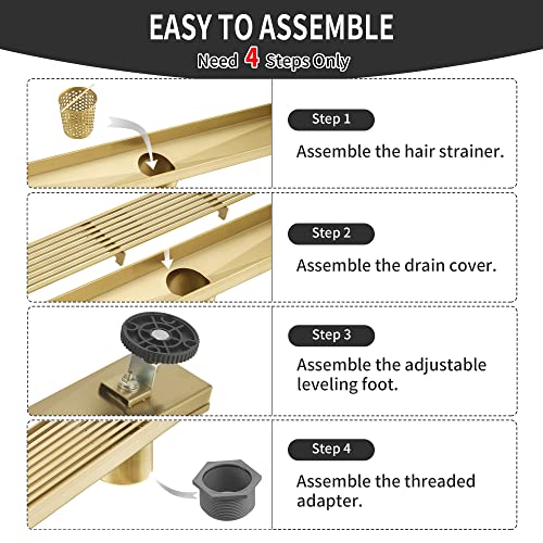 Linear Shower Drain 24 Inch, Brushed Gold 304 Stainless Steel Rectangular Shower Drain, 51L/Min Fast Drainage Floor Linear Drain, US Standard CUPC Certified, Zirconium Gold, SD-108-24ZG - color: Zirconium Gold, size: 24 Inch