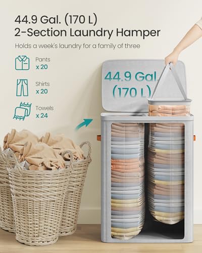 SONGMICS Laundry Basket, 44.9 Gal. Laundry Hamper, 2 Compartments, Easy Assembly, with Lid and Handles, Removable Inner Bags, 22 x 15.7 x 29.5 Inches, Dove Gray ULCB813G01 - color: Dove Gray, size: 170 L (2-Section)