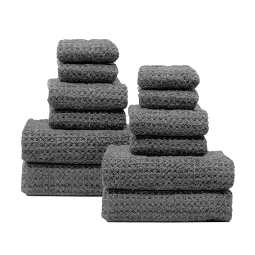 Waffle 12-Piece Family Towel Set – 4 Bath Towels, 4 Hand Towels & 4 Washcloths – Soft, Lightweight, Quick Dry 100% Cotton Waffle Weave for Bathroom & Spa (Charcoal) - color: Charcoal, style: Family 12-Piece Set