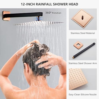 Shower Faucet Set, Matte Black and Rose Gold Rainfall Shower System Complete Wall Mounted for Bathroom with 12 Inch Square Shower Head and Handheld Shower Head Rain Mixer Combo Set - color: Matte Black+Rose Gold, style: 12 Inch