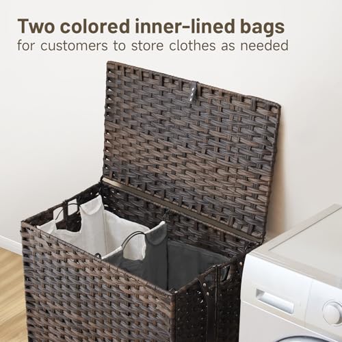 Laundry Hamper with Wheels, 39.6 Gallon(150L) Rolling Laundry Basket with Lid, Removable Large 2 Color Liners & 3 Mesh Laundry Bags, Clothes Hamper with Side Pocket, Brown - color: Brown, size: 23.62"L x 15.75"W x 25.6"H