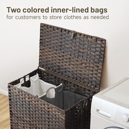 Laundry Hamper with Wheels, 39.6 Gallon(150L) Rolling Laundry Basket with Lid, Removable Large 2 Color Liners & 3 Mesh Laundry Bags, Clothes Hamper with Side Pocket, Brown - color: Brown, size: 23.62"L x 15.75"W x 25.6"H