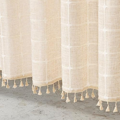 Boho Farmhouse Classic Plaid Linen Tassel Shower Curtain Cream,36x72 | Small Stall Half Size,310GSM Linen Blend Heavy Duty Cloth,3-side Tassels,Wrinkle Resistant,Rustic Bohemian Country design - color: Cream, size: 36"W x 72"L (Pack of 1)