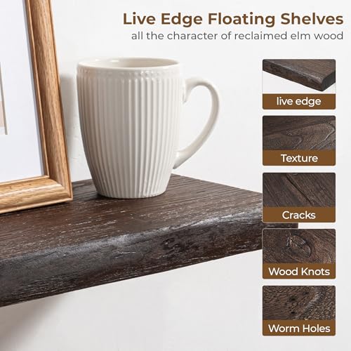 18 inch Floating Shelves for Wall Live Edge, Walnut, 2PCs | 8'' D Rustic Solid Elm Wood, Wall Mounted, Wall Shelves, Invisible Bracket, Living Room Bedroom Kitchen - color: Walnut Live Edge, size: 18x8x1.4in, Set of 2