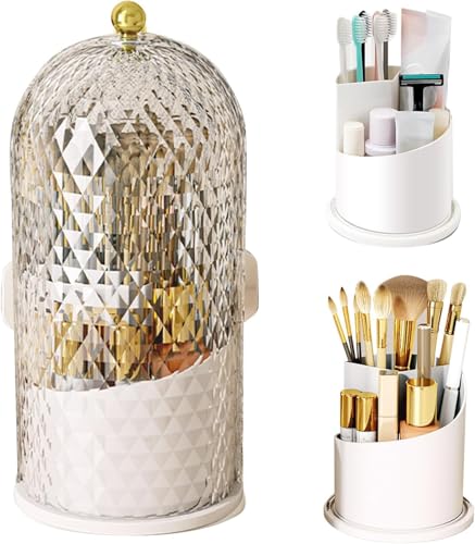 Concealed Toothbrush Holder, Makeup Brush Holder Organizer with Lid 360 Rotating Clear Dustproof for Dresser Tabletop Bathroom Countertop (White) - color: White
