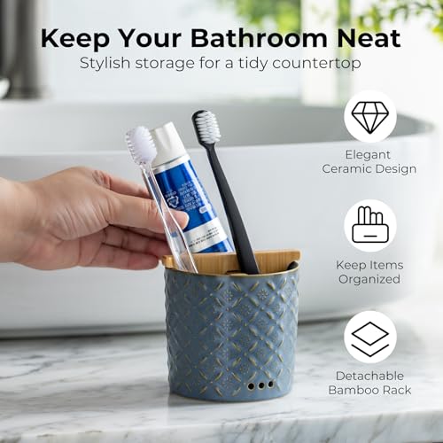 Zoeeker Toothbrush Holders, Detachable 3 Slots Electric Toothpaste Holder | Ceramic Toothbrush & Toothpaste Cup with Drain Holes & Bamboo Divider Brush Holder for Bathroom Countertop, Family, Blue - color: A-blue
