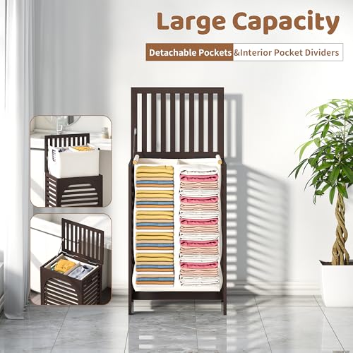 Laundry Hamper with Lid (16.9 * 13 * 26.5inches) Large Bamboo Laundry Bin Basket 85L Clothes Hamper with 1 Removable Bag Storage baskets for Bathroom(Brown) - color: Brown