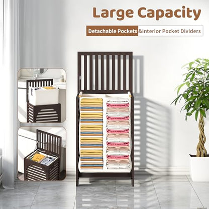 Laundry Hamper with Lid (16.9 * 13 * 26.5inches) Large Bamboo Laundry Bin Basket 85L Clothes Hamper with 1 Removable Bag Storage baskets for Bathroom(Brown) - color: Brown