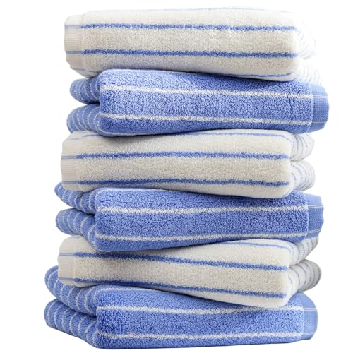 Blue Striped Hand Towels, Bathroom Hand Towel Set of 6, 13" By 29" - 100% Cotton | Quick Dry | Absorbent | Light Weight, Soft Face Towel for Showering & Guest, Luxury Towel Gift - color: Blue