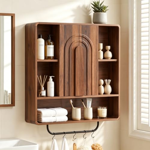 weselon 31.5" Bathroom Medicine Cabinet with Storage, Wall Mounted Over Toilet Cabinet with Towel Bar & 5 Hooks, Arched Fluted Double Doors, Adjustable Shelves & Open Storage (Walnut)