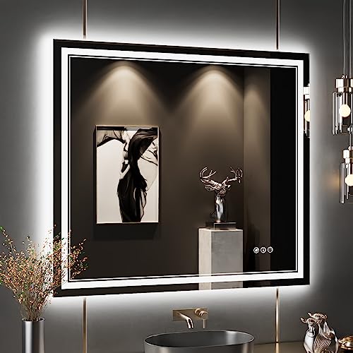 40x36 Inch LED Bathroom Mirror with Lights | Front and Backlit, 3 Colors, Dimmable, Memory, Anti Fog, Shatterproof, Horizontal/Vertical, Lighted Mirrors for Bathroom Wall - color: Dual Lights, size: 40"L x 36"W