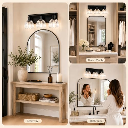 Black Bathroom Vanity Light Over Mirror, 3 Light Vanity Light Fixture with Clear Fluted Glass Shades, 18.3 Inch Wall Mount Bathroom Lighting Fixture, E26 Base