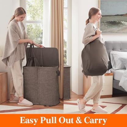 Lifewit Double Laundry Hamper with Lid and Removable Laundry Bags, Large Collapsible 2 Dividers Dirty Clothes Basket with Handles for Bedroom Laundry Room Closet Bathroom College, 136L Brown - color: Brown, size: 136L
