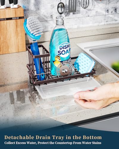 Consumest Sink Caddy Kitchen Organizer, Sponge Holder for Kitchen Sink with Removable Drip Tray for Countertop Dish Soap Holder Dispenser Brush Holder, 304 Stainless Steel - Bronze - color: Bronze