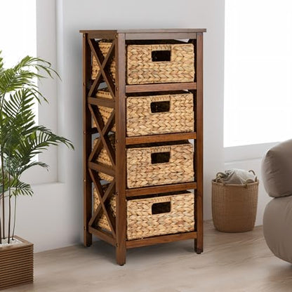 4 Tier X-Side End Storage Cabinet, Walnut | 4 Wicker Baskets, End Table, Side Table - color: Walnut, size: 14"D x 14"W x 32.1"H (4 Drawers)