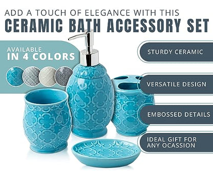 Comfify 4-Piece Bathroom Accessory Set - Ceramic Bath Set with Blue Glossy Finish - Modern Vanity Accessories Including Soap Dish, Tumbler, and Toothbrush Holder | Blue; 4-piece ceramic; Moroccan trellis embossed; dispenser, toothbrush holder, tumbler, so