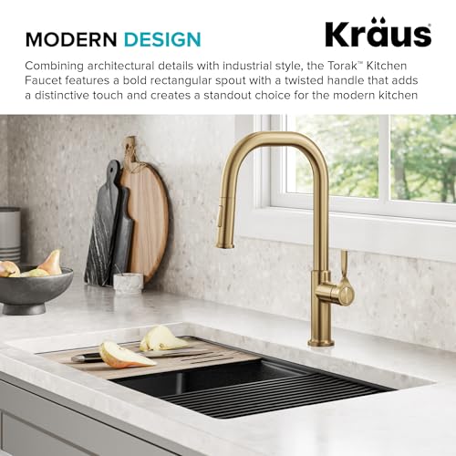 KRAUS Torak Pull Down Kitchen Faucet in Spot-Free Brushed Brass with 2 Function Sprayer, Pre-Attached Water Lines, and Mounting Hardware, KPF-2841SFBB - color: Spot Free Brushed Brass, style: Pull-Down Square Arc Faucet