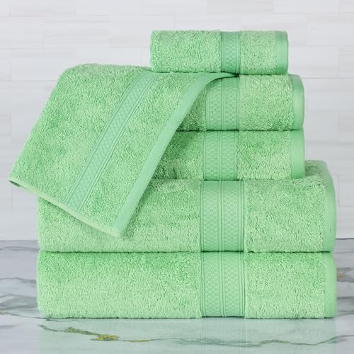 Superior Rayon From Bamboo Cotton Blend 6 Piece Towel Set, Bathroom, Gym, Spa, Essentials, Includes; 2 Face Towels/ Washcloths 13” x 13”, 2 Hand Towels 16” x 30”, 2 Bath Towels 30” x 54”, Spring Green