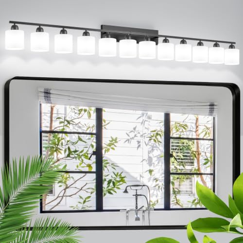12 Light Black Vanity Lights for Giant Mirror, Bathroom Vanity Lights Over Mirror with Milky White Frosted Glass Shades,78.8 inch Bathroom Light Fixture for Mirrors, E26 - color: Black & Milky White Glass, size: 12-Light