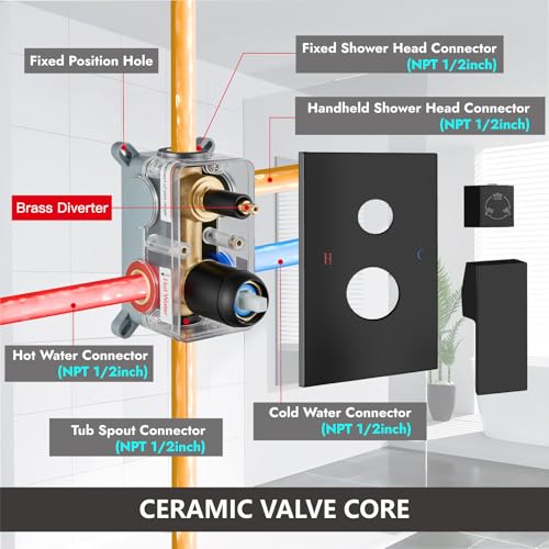 Midanya Shower System with Tub Spout,Bathtub Shower Faucet Set with Square Rainfall Head and Handheld Sprayer Wall Mount Tub Faucet Set with Valve and Trim Kit,16 Inch Matte Black - color: Matte Black, size: 16 Inch