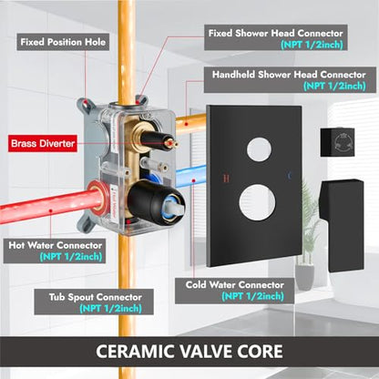 Midanya Shower System with Tub Spout,Bathtub Shower Faucet Set with Square Rainfall Head and Handheld Sprayer Wall Mount Tub Faucet Set with Valve and Trim Kit,16 Inch Matte Black - color: Matte Black, size: 16 Inch