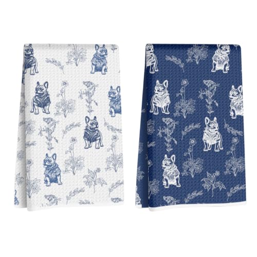 Chinoiserie French Bulldog Kitchen Towels, French Bulldog Gifts for Women | Blue and White Floral Botanical Grandmillennial Dog Decor Dish Tea Towels, Waffle Hand Towel for Kitchen Bathroom, 14x24 Inch - color: French Bulldog