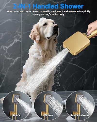 Shower System with Pressure Balance Valve, 12" Ceiling Mount Shower Faucet Set with 2 Rain Shower Head And Multi-function Handheld Head Push Button Diverter Pressure Balancing Valve Kit, Brushed Gold - color: Brushed Gold, style: 12"-Square-01