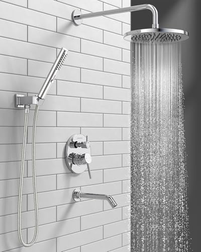 Lava Odoro Modern 3-Setting Round Rain Bathtub and Shower Faucet Set, Chrome Rainfall Shower Head and Handle Set, Rain Shower System with Tub Spout, Shower Valve Trim Kit, Chrome, SF104-C-T - color: Chrome, style: With Tub Spout