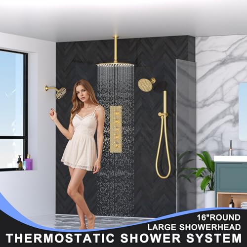 HOMEDEC 16" Round Rain Shower Faucet Set with Dual 6" Wall Mounted Shower Heads, 4 Way Shower Valve with 2-Function Handheld Shower, Brushed Gold - color: Brushed Gold, style: 4-Way + 2x 6" Top (No Jets)