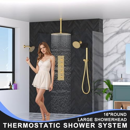 HOMEDEC 16" Round Rain Shower Faucet Set with Dual 6" Wall Mounted Shower Heads, 4 Way Shower Valve with 2-Function Handheld Shower, Brushed Gold - color: Brushed Gold, style: 4-Way + 2x 6" Top (No Jets)