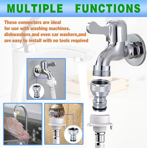 6‑Piece Faucet Quick‑Connector Kit，2 Universal Faucet Adapters | 4 Washing‑Machine Quick Connectors, Sink‑Tap‑to‑Garden‑Hose Adapter for Dishwasher, Car‑Wash and Household Water Connection