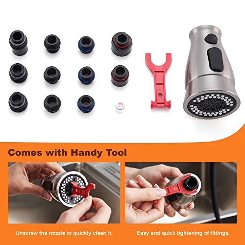 TIORIY Pull Down Kitchen Sink Faucet Spray Head Replacement with 15 Adapters, 3 Function Kitchen Faucet Spray Nozzle, Kitchen Faucet Sprayer Head Attachment, Brushed Nickel - color: Brushed Nickel