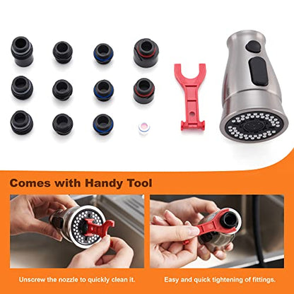 TIORIY Pull Down Kitchen Sink Faucet Spray Head Replacement with 15 Adapters, 3 Function Kitchen Faucet Spray Nozzle, Kitchen Faucet Sprayer Head Attachment, Brushed Nickel - color: Brushed Nickel