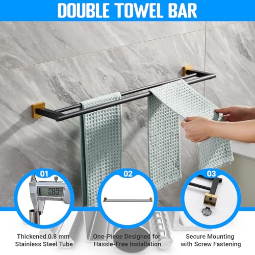 Miyili 5-Piece SUS304 Stainless Steel Bathroom Hardware Kit - Incould 30" Double Towel Bar, 5" Toilet Paper Holder, Towel Ring, 2 x Robe Hooks, Bathroom Accessories Set Wall Mount, Matte Black & Gold - color: Black & Gold