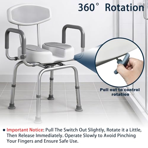 U Shaped Swivel Shower Chair with Arms & Back Support | 360° Rotating Bath Seat, Adjustable Width & Height, For Elderly Disabled Adults, 330 LBS Weight Capacity