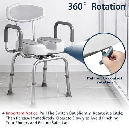 U Shaped Swivel Shower Chair with Arms & Back Support | 360° Rotating Bath Seat, Adjustable Width & Height, For Elderly Disabled Adults, 330 LBS Weight Capacity