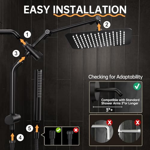 Veken 10" Luxurious All Metal Rain Shower Head with Handheld Spray Combo, High Pressure Rainfall Square Shower Heads with Extension Arm, Wide Dual Showerhead, Bathroom Accessories, Matte Black - color: Matte Black