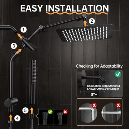 Veken 10" Luxurious All Metal Rain Shower Head with Handheld Spray Combo, High Pressure Rainfall Square Shower Heads with Extension Arm, Wide Dual Showerhead, Bathroom Accessories, Matte Black - color: Matte Black
