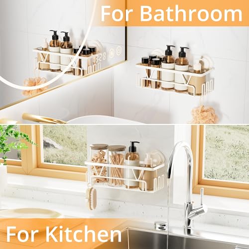 KEGII Suction Cup Shower Caddy with 6 Hooks, Heavy Duty Bathroom Organizer | Large Capacity Storage Rack, Rustproof Stainless Steel, for Shampoo and Body Wash on Smooth Surfaces, Off-White - color: Off-White