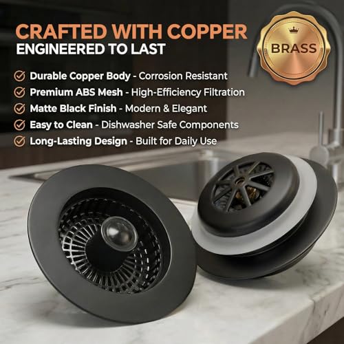 Kitchen Sink Stopper, 3 in 1 Pop Up Kitchen Sink Drain Strainer, with an Extra Basket Strainer, Sink Drain Stopper for US Standard 3-1/2 Inch, Brass Material Electroplate (Black) - color: Black