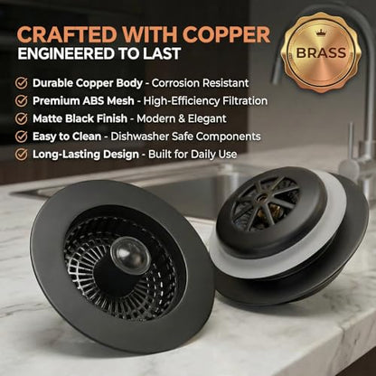 Kitchen Sink Stopper, 3 in 1 Pop Up Kitchen Sink Drain Strainer, with an Extra Basket Strainer, Sink Drain Stopper for US Standard 3-1/2 Inch, Brass Material Electroplate (Black) - color: Black