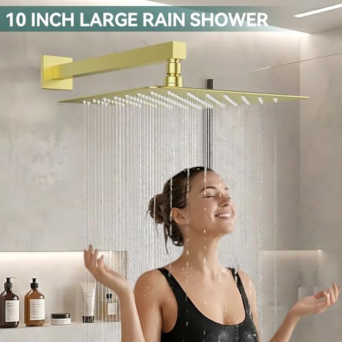 STARBATH Shower Faucet Set Shower System with Diverter Valve, Brushed Gold | 10" Wall Mount Rain Shower Head and Handheld Spray for Two Person,Shower System with Diverter Valve and Trim Kit Complete - color: Gold, size: 10"-01
