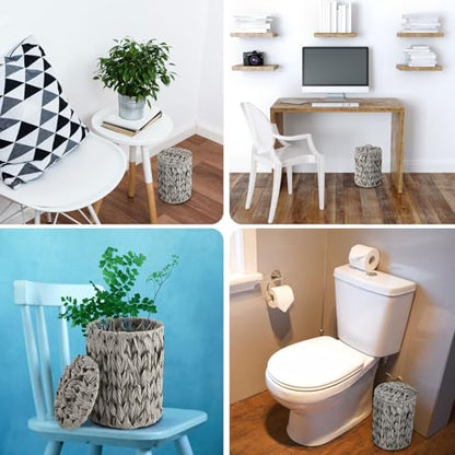 Ctosree 1.3 Gal Boho Wicker Trash Can with Lid, Grey | Polypropylene woven material; includes 100 garbage bags; for bedroom, office & laundry - color: Grey, style: Round