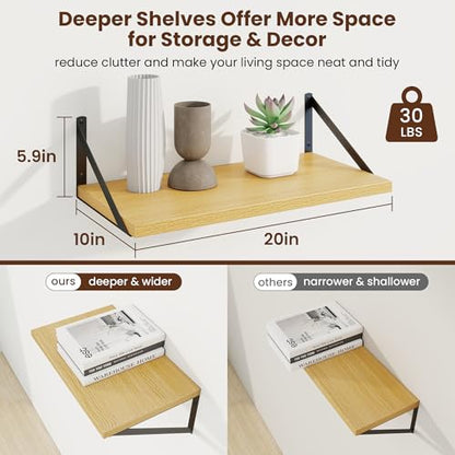 20 Inch Floating Shelves, 10 Inch Deep Oak Wall Shelves Set of 2 | 20'' x 10'' Rustic Wood Shelves with Heavy Duty Brackets, Deep Shelves for Bathroom, Living Room, Engineered Wood, 35LBS - color: Oak, size: 20W x 10D
